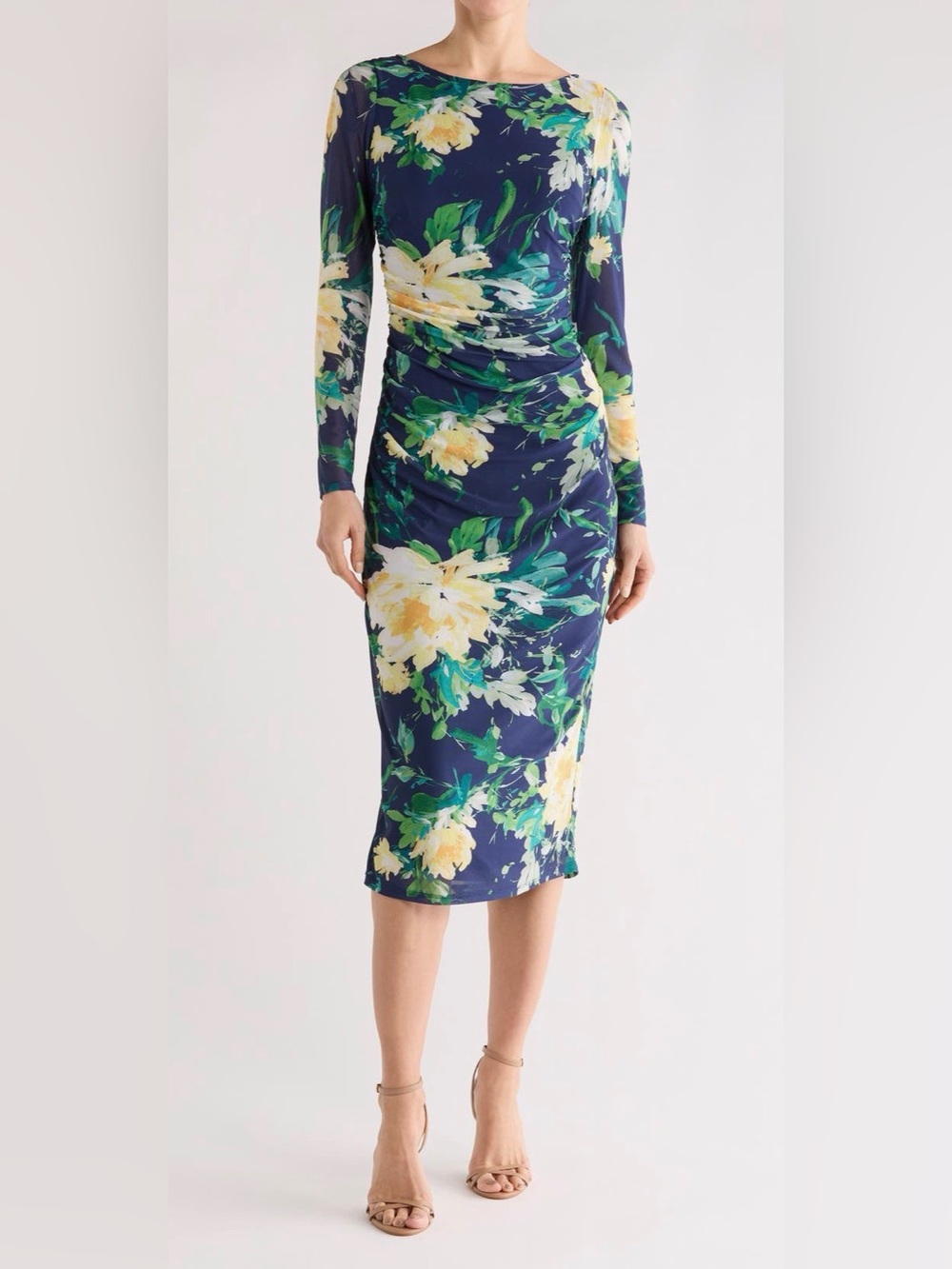 Vince Camuto Floral Navy Bodycon Midi Dress - Navy Yellow Green Floral